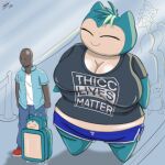  airport anthro big_breasts blue_background blue_clothing blue_shirt blue_topwear bottomwear breasts clothing dark_body dark_skin denim denim_clothing duo female fur generation_1_pokemon green_body green_fur green_hair gym_bottomwear gym_clothing gym_shorts hair head_tuft hi_res huge_breasts human jeans larger_female lenny_face male mammal meme multicolored_body multicolored_fur nidoqueen nintendo nipple_outline pants pokemon pokemon_(species) raichu shirt shorts simple_background size_difference smaller_male snorlax snorlax_gf_(word360) standing standing_in_line suitcase t-shirt tan_body tan_fur text text_on_clothing text_on_shirt text_on_topwear topwear tuft two_tone_body two_tone_fur unbuttoned_shirt video_games word360 