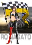  1girl alternate_costume black_gloves black_hair black_jacket black_panties boots breasts checkered_flag cleavage closed_mouth collarbone cropped_jacket flag full_body gloves high_heels highleg highleg_panties highres holding holding_flag jacket kantai_collection large_breasts long_hair long_sleeves looking_at_viewer machi_(ritovoyage) midriff nagato_(kancolle) navel open_clothes open_jacket panties partially_fingerless_gloves race_queen red_eyes red_footwear solo strapless thigh_boots tube_top twitter_username underwear yellow_belt 
