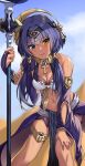  1girl bangs bare_shoulders blue_eyes blue_hair blush breasts candace_(genshin_impact) cleavage closed_mouth coma_(light825) dark-skinned_female dark_skin detached_sleeves egyptian_clothes genshin_impact heterochromia highres long_hair long_sleeves looking_at_viewer medium_breasts navel solo staff thighlet yellow_eyes 