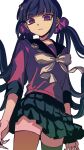  1girl bangs black_hair black_sailor_collar black_skirt bow bowtie cowboy_shot danganronpa_(series) danganronpa_v3:_killing_harmony expressionless fingernails flower from_below grey_bow grey_bowtie hair_ornament hairclip harukawa_maki highres looking_at_viewer low_twintails mole mole_under_eye pisapipi pleated_skirt red_eyes red_scrunchie red_shirt red_thighhighs sailor_collar scrunchie sharp_fingernails shirt skirt solo thighhighs twintails 