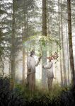  absurd_res anthro arthurtng branch canid canine canis cervid duo flower forest grass hi_res male male/male mammal plant raining tree umbrella wolf 