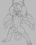  2_toes armpit_hair badcoyote balls body_hair chain chained erection feet fur furry_balls genitals goldar greyscale hi_res male monochrome monster muscular muscular_male nude power_rangers solo toes wings 
