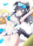  1girl absurdres animal_ears arm_up armpits black_hair blue_archive blue_eyes blush breasts cameltoe cheerleader cleavage cowboy_shot crop_top dog_ears dog_girl dog_tail eyewear_on_head goggles goggles_on_head groin halo hibiki_(blue_archive) hibiki_(cheerleader)_(blue_archive) highres holding holding_pom_poms leg_up long_hair looking_at_viewer midriff miniskirt navel open_mouth otakummm panties pleated_skirt pom_pom_(cheerleading) ponytail side-tie_panties simple_background skirt small_breasts solo standing sunglasses tail underwear untied untied_panties wardrobe_malfunction white_background white_footwear white_panties white_skirt 