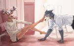  anthro beastars canid canine canis cervid crawling duo feet hi_res legoshi_(beastars) louis_(beastars) male male/male mammal moonpearl pose sitting teasing wolf 