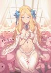  1girl absurdres bangs bare_shoulders blonde_hair blue_bow blue_eyes blue_ribbon blush bow bra breasts cover cover_page detached_sleeves forehead garter_straps hair_bow highres indoors jin_rou long_hair looking_at_viewer navel novel_cover original parted_bangs petals ribbon see-through sitting small_breasts smile solo stuffed_animal stuffed_toy teddy_bear thighs underwear very_long_hair window 