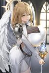  1girl absurdres angel angel_wings armor back_cutout belt blonde_hair blurry blush breasts center_opening chalice church cleavage clothing_cutout commentary cross cup dagger depth_of_field dress english_commentary eyelashes feathered_wings garter_straps hair_between_eyes halo highres holding holding_cup huge_breasts knife large_breasts lillly long_hair looking_at_viewer original pauldrons shoulder_armor side_slit smile solo thighhighs weapon white_dress white_thighhighs wings yellow_eyes 