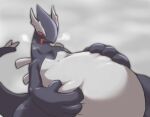  ambiguous_gender anthro belly big_belly blush k_busho legendary_pokemon nintendo obese overweight pokemon pokemon_(species) red_eyes shadow_lugia shadow_pok&eacute;mon simple_background solo tongue tongue_out video_games 