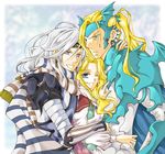  1girl 2boys aosena armor blonde_hair blue_eyes cain_highwind cape cecil_harvey female final_fantasy final_fantasy_iv final_fantasy_iv_the_after green_eyes headband hug long_hair lowres male multiple_boys one_eye_closed ponytail purple_eyes robe rosa_farrell silver_hair sweatdrop wink 