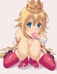  aqua_eyes arm_support bitaraga bitch_hime blonde_hair blush breasts collar crown cum dildo garter_straps gloves hanging_breasts large_breasts long_hair mario_(series) mouth_hold nipples princess_peach saliva shiny shiny_skin simple_background solo super_mario_bros. thighhighs 