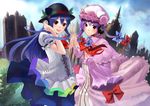  adapted_costume alternate_hairstyle apple bad_id bad_pixiv_id blue_hair crescent food fruit hat headphones hinanawi_tenshi holding_hands ichiko_oharu interlocked_fingers long_hair multiple_girls patchouli_knowledge purple_eyes purple_hair red_eyes touhou 