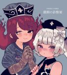  2girls animal_print black_eyes blunt_bangs blunt_ends bob_cut bow cow_print death_(entity) detached_collar doctor elbow_gloves enma_(mythology) expressionless fiery_hair floating_hair gloves grey_eyes grim_reaper hair_bow hat heterochromia highres holding holding_scythe interlocked_fingers long_hair looking_to_the_side medical_scrubs multiple_girls necktie nurse nurse_cap original own_hands_together red_eyes scythe shinigami short_hair smile stethoscope_around_neck upper_body white_eyes white_hair yama yumemixxxxx 