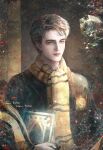  1boy absurdres badge black_robe blue_eyes book brown_hair cedric_diggory chinese_commentary chromatic_aberration commentary_request emblem grin harry_potter_(series) highres hogwarts_school_uniform holding holding_book hufflepuff li_guai_su lofter_username long_sleeves looking_at_viewer male_focus pale_skin pink_lips realistic robe scarf school_uniform short_hair sidelighting smile solo sparkle striped_clothes striped_scarf swept_bangs upper_body weibo_username wizarding_world yellow_scarf 