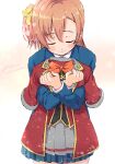  1girl blue_jacket blue_skirt blush bokura_no_live_kimi_to_no_life brown_hair closed_eyes closed_mouth commentary_request cowboy_shot eighth_note facing_viewer highres holding holding_unworn_clothes jacket kosaka_honoka long_sleeves love_live! love_live!_school_idol_project miniskirt musical_note one_side_up otonokizaka_school_uniform pleated_skirt school_uniform sen_(sen0910) short_hair skirt solo standing 