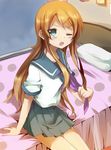  bad_id bad_pixiv_id bed blue_eyes brown_hair fang kousaka_kirino long_hair mishima_kurone one_eye_closed ore_no_imouto_ga_konna_ni_kawaii_wake_ga_nai school_uniform serafuku sitting solo 