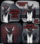  2026 4_panel_comic 5_fingers accessory alcohol anthro artist_name bat belt beverage big_ears biped black_body black_bottomwear black_claws black_clothing black_ears black_fur black_hair black_pants black_shirt black_topwear bottle bottomwear button_(fastener) cabinet cain_(suitedwolfie) claws clothing comic container creepy digital_drawing_(artwork) digital_media_(artwork) ear_piercing ellipsis employee english_text eye_through_hair eyebrow_through_hair eyebrows eyewear fangs finger_claws fingers floor fur glasses gold_(metal) gold_buckle gold_button_(fastener) gold_glasses gold_jewelry gold_piercing hair hi_res holding_beverage holding_bottle holding_container holding_object humanoid_hands insecure inside interrobang jealous jewelry kitchen looking_at_viewer male mammal markings massage mental_illness motion_lines necktie obscured_text offering_to_viewer offscreen_character open_mouth pants piercing pink_eyes pink_inner_ear pink_tongue pupils raised_eyebrow red_text shaded shaking shirt slit_pupils snout solo speech_bubble standing suit suitedwolfie teeth text thought_bubble tongue topwear translucent translucent_hair walking_towards_viewer wall_(structure) wearing_glasses white_belt white_body white_clothing white_fur white_markings white_necktie white_suit white_text wine wingless_bat working worried 