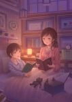  1boy 1girl absurdres alarm_clock bed bedroom blue_shirt book bookshelf brother_and_sister brown_eyes brown_hair clock commentary_request delphi_(ga2006230312) highres idolmaster idolmaster_million_live! indoors kitazawa_riku kitazawa_shiho lamp long_hair long_sleeves lying on_bed open_book open_mouth pajamas reading shirt short_hair siblings smile stuffed_animal stuffed_cat stuffed_toy under_covers 