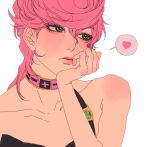  1girl blush bug heart highres jojo_no_kimyou_na_bouken ladybug pink_hair simple_background solo sos911p spotted_hair trish_una upper_body vento_aureo victory_rolls white_background 