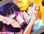  2girls blonde_hair gainax long_hair mouth_hold multicolored_hair multiple_girls panty_&amp;_stocking_with_garterbelt panty_(character) panty_(psg) siblings sisters stocking_(character) stocking_(psg) two-tone_hair 