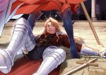  1boy 1girl armor boots cape closed_mouth couple defeat dress edelgard_von_hresvelg edelgard_von_hresvelg_(timeskip) english_commentary ferdinand_von_aegir ferdinand_von_aegir_(timeskip) fire_emblem fire_emblem:_three_houses floof_n_wool from_behind hair_between_eyes heart hetero highres knees_up light_blush light_smile long_hair looking_up lower_body lying messy_hair official_alternate_costume on_back on_ground orange_eyes orange_hair outdoors red_dress shade shadow smirk standing sword upper_body wavy_hair weapon wide-eyed wooden_sword 