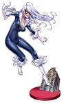  black_cat_(marvel) bodysuit boots breasts choker cleavage gloves green_eyes hair_over_one_eye long_hair lowres marvel mask pose silver_hair simple_background skin_tight smile solo white_gloves yamashita_shun'ya yamashita_shunya zipper 