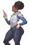  1girl afro cross curvy dark-skinned_female dark_skin doctor hand_on_own_hip highres medicine mick_cortes needle red_cross skin_tight wide_hips 