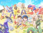  2boys 3girls :d ^_^ aqua_eyes armaroug arven_(pokemon) bellibolt black_hair black_pantyhose black_socks blue_fire blue_shoes blue_sky book braid breast_pocket brown_eyes brown_hair brown_shoes ceruledge cetitan clenched_hands closed_eyes closed_mouth cloud collared_shirt commentary_request cyclizar dark-skinned_female dark_skin dated day eyelashes farigiraf fidough fire flaming_eyes florian_(pokemon) food fuecoco gimmighoul gimmighoul_(roaming) grafaiai grass greavard green_hair grey_shirt grin hair_over_one_eye hat highres holding holding_food holding_tray juliana_(pokemon) klawf kneehighs kneeling koraidon lechonk legs_apart long_hair long_sleeves miraidon multicolored_hair multiple_boys multiple_girls naranja_academy_school_uniform necktie nemona_(pokemon) non-humanoid_robot o_o open_book open_clothes open_mouth open_vest orange_eyes orange_shorts outdoors paldean_wooper pants pantyhose pawmi picnic_basket picnic_table plate pocket pokemon pokemon_(creature) pokemon_sv purple_necktie purple_pants purple_shorts quaxly robot samsung_(yuzuikka) sandwich scarlet_book_(pokemon) school_uniform shirt shoes short_hair short_sleeves shorts side_braid single_braid sititng sky slicing smile smoliv socks sprigatito standing striped_clothes striped_shorts submarine_sandwich table tomato tomato_slice translation_request tray two-tone_hair uva_academy_school_uniform vertical-striped_clothes vertical-striped_shorts vest violet_book_(pokemon) wavy_mouth white_shirt white_socks wide_brim wiglett yellow_vest 