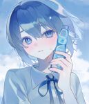  1girl \||/ ameyui_komori blue_eyes blue_hair blue_nails blue_ribbon blue_sky blue_theme blush bottle bottle_to_cheek breasts clenched_teeth cloud collared_shirt colored_eyelashes commentary_request cumulonimbus_cloud day double-parted_bangs hair_between_eyes hand_up highres holding holding_bottle looking_at_viewer nail_polish neck_ribbon original pale_skin parted_lips ramune ribbon shirt short_hair short_sleeves sky small_breasts soda soda_bottle solo sparkle sweat teeth turning_head upper_body white_shirt wind 