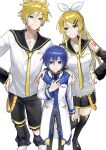  1girl 2boys 6_chair absurdres age_switch aged_down aged_up alternate_hair_length_(longer) aqua_eyes bass_clef black_boots black_leg_warmers black_sailor_collar black_shirt black_shoes black_shorts black_skirt black_sleeves black_thighhighs blue_eyes blue_hair blue_scarf blue_trim boots bow breasts closed_mouth coat commentary_request detached_sleeves grey_pants hair_between_eyes hair_bow hair_ornament hairclip hand_on_another's_shoulder hand_on_own_chest headset highres kagamine_rin kagamine_rin_(future_style) kaito_(vocaloid) leg_warmers loafers long_hair long_sleeves multiple_boys neckerchief pants parallel_hairclips pleated_skirt ponytail sailor_collar scarf shirt shoes short_hair short_sleeves shorts shoulder_tattoo simple_background skirt sleeveless sleeveless_shirt smile tattoo thighhighs treble_clef vocaloid white_background white_bow white_coat white_shoes yellow_nails yellow_neckerchief 