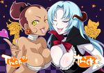  asymmetrical_docking bandages bare_shoulders blue_hair breast_press breasts brown_hair cleavage crossover dark_skin eyelashes ffc fresh_precure! halloween heart heartcatch_precure! kita_nayuta large_breasts long_hair multiple_girls northa_(fresh_precure!) one_eye_closed precure sasorina tongue trick_or_treat yellow_eyes yes!_precure_5 