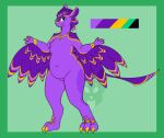 3_claws 3_fingers 3_toes 4_ears ambiguous_gender anthro avali big_pupils biped border bracelet chest_tuft claws color_swatch colored countershading feather_markings feathered_wings feathers feet female female_anthro finger_claws fingers green_border green_eyes green_tail hair hi_res jewelry markings mochi_(icanhazbrgr) multi_ear navel necklace pupils purple_body purple_countershading purple_feathers purple_hair purple_tail slightly_chubby slightly_chubby_anthro slightly_chubby_female solo strawberrymilkdog tail toes tuft wing_markings wings yellow_claws yellow_markings