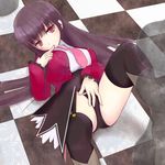  bad_id bad_pixiv_id black_hair black_legwear boots breasts checkered checkered_floor finger_to_mouth highres kirifrog large_breasts long_hair lucifer lying necktie on_back perspective pink_neckwear red_eyes solo stakes_of_purgatory thighhighs umineko_no_naku_koro_ni 