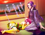  1boy 1girl akechi_mitsuhide akechi_mitsuhide_(sengoku_musou) elbow_gloves eyes_closed female gloves hosokawa_gracia japanese_clothes lap_pillow long_hair male mothika ponytail purple_eyes purple_hair red_hair sengoku_musou sengoku_musou_2 short_hair sleeping thighhighs 