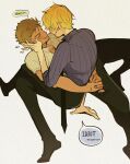  2boys arms_around_another's_waist black_pants black_shoes blonde_hair blue_shirt closed_eyes closed_mouth collared_shirt colored_speech_bubble commentary english_text facial_hair flame1827 goatee green_hair grin hand_on_another's_face highres male_focus multiple_boys one_piece pants pinstripe_pattern pinstripe_shirt roronoa_zoro sanji_(one_piece) shirt shirt_tucked_in shoes short_sleeves smile speech_bubble untranslatable_commentary white_shirt yaoi 