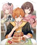  1boy 1girl 1other :t akiyama_mizuki black_bow black_bowtie black_jacket blonde_streaks blush bob_cut bow bowtie braid brother_and_sister brown_eyes brown_hair commentary_request cup eating food fork green_eyes hair_bow hair_ribbon hand_on_another's_shoulder hand_up highres holding holding_cup holding_fork holding_phone hood hood_down hoodie jacket light_particles long_sleeves multicolored_hair open_mouth orange_hair pancake pancake_stack phone pink_eyes pink_shirt project_sekai raised_inner_eyebrows ribbon shinonome_akito shinonome_ena shirt siblings side_braid side_ponytail small_sweatdrop smile souffle_pancake streaked_hair syrup table tamano_mayo three-quarter_sleeves translation_request v-shaped_eyebrows whipped_cream white_ribbon white_shirt yellow_hoodie 