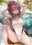  1girl armpits arms_up blurry blurry_background bracelet breasts casual_one-piece_swimsuit cleavage cleavage_cutout covered_navel depth_of_field jewelry large_breasts leg_lift long_hair one-piece_swimsuit original outdoors pink_hair ponytail poolside purple_eyes ran&#039;ou_(tamago_no_kimi) sidelocks sitting solo swimsuit tying_hair 