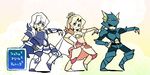  1girl 2boys armor blonde_hair bridal_gauntlets cain_highwind cecil_harvey female final_fantasy final_fantasy_iv green_eyes hair_bun headband helmet kawariso leotard long_hair male multiple_boys purple_eyes rosa_farrell short_hair shoulder_pads skirt tiara white_hair 