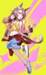  1girl animal_ears asymmetrical_clothes asymmetrical_footwear asymmetrical_pants blue_eyes blush breasts brown_hair clothes_around_waist collarbone commentary_request denim fur-trimmed_jacket fur_trim hair_between_eyes highres horse_ears horse_girl horse_tail horseshoe jacket jacket_around_waist jeans long_sleeves midriff mismatched_footwear narita_taishin_(nevertheless)_(umamusume) narita_taishin_(umamusume) navel open_mouth pants pink_jacket shirt short_hair single_pantsleg small_breasts solo solokitsune sweatdrop tail tank_top tied_shirt torn_clothes torn_jeans torn_pants umamusume yellow_shirt yellow_tank_top 