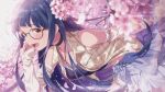  1girl :d anime_coloring arm_belt bare_shoulders belt belt_buckle bespectacled black_choker blue_hair blue_skirt blunt_bangs blush branch brown-framed_eyewear brown_eyes buckle buttons cherry_blossoms choker collared_vest cross-laced_clothes cross-laced_skirt detached_sleeves falling_petals floating_hair flower game_cg glasses hair_down idolmaster idolmaster_million_live! idolmaster_million_live!_theater_days jewelry kitakami_reika long_hair long_sleeves midriff navel necklace official_art open_mouth petals pink_flower pink_petals plaid_clothes skirt smile spring_(season) straight_hair third-party_source tree vest white_sleeves yellow_vest 