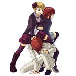  2girls beatrice boots brother_and_sister hair_bobbles hair_ornament human_chair human_furniture lowres mikawa_(xxcrisp) multiple_girls necktie pink_neckwear siblings sitting sitting_on_person thighhighs umineko_no_naku_koro_ni ushiromiya_ange ushiromiya_battler 