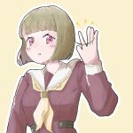  1girl :o alternate_hair_length_(shorter) blush bob_cut brown_dress brown_hair commentary_request dress hasu_no_sora_school_uniform inverted_bob kachimachi_kosuzu kochi_(5chi) link!_like!_love_live! long_sleeves love_live! neckerchief official_alternate_hairstyle open_mouth outline pink_eyes sailor_collar sailor_dress school_uniform short_hair side_ahoge solo split_mouth upper_body virtual_youtuber white_outline white_sailor_collar winter_uniform yellow_background yellow_neckerchief 