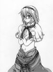  absurdres alice_margatroid bad_id bad_pixiv_id blush breast_hold breasts capelet covering dress greyscale hairband hidefu_kitayan highres monochrome navel open_clothes open_dress solo topless touhou 