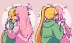  >_< 2girls ahoge ahoge_wag april_fools blonde_hair blush bocchi_the_rock! closed_eyes cube_hair_ornament detached_ahoge expressive_hair gotoh_hitori grabbing_another's_shoulder green_hoodie hair_ornament highres hiimross hood hood_down hoodie ijichi_nijika jumpsuit kiss long_hair long_sleeves multiple_girls pink_hair pink_jumpsuit side_ahoge side_ponytail sweat 
