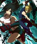  1boy 1girl black_hair blonde_hair blue_eyes boots cloud_strife couple elbow_gloves female final_fantasy final_fantasy_vii gloves hau41160 long_hair male miniskirt mn open_mouth pants red_eyes short_hair skirt sleeveless sleeveless_turtleneck suspenders tank_top tanktop tifa_lockhart turtleneck 