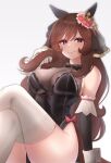 1girl absurdres animal_ears bare_shoulders black_leotard blush bow bowtie breasts brown_hair cleavage closed_mouth commentary detached_sleeves ear_covers english_commentary gentildonna_(umamusume) gloves hair_between_eyes heart-shaped_ornament heart_ear_ornament highres horse_ears horse_girl horse_tail large_breasts leotard long_hair looking_at_viewer mitamory nontraditional_playboy_bunny red_bow red_eyes see-through_cleavage see-through_clothes simple_background sitting smile solo tail thighhighs thighs umamusume very_long_hair white_bow white_bowtie white_gloves white_thighhighs 
