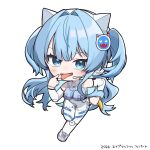  1girl 2026 animal_ear_headphones animal_ears april_fools banana blue_eyes blue_hair blue_nails blue_neckerchief blush bodysuit breasts chibi commentary_request detached_sleeves fake_animal_ears food fruit full_body goddess_of_victory:_nikke hair_intakes hand_on_own_hip headphones headset highres holding holding_food holding_fruit long_hair medium_breasts mekami_shifty_(nikke) nail_polish neckerchief no_nose sailor_collar shoes skin_tight sneakers solo standing standing_on_one_leg totatokeke translated two_side_up very_long_hair white_bodysuit white_sailor_collar white_shoes 