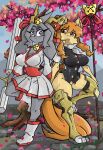  2026 accessory anthro antlers armor asian_clothing bell bell_collar big_breasts black_clothing black_topwear black_vest blue_eyes boots bottomwear bovid bow_ribbon breasts canid canine capelet caprine ceroba_ketsukane cheek_tuft cherry_blossom cherry_blossom_tree cherry_tree clothed clothing collar cosplay crossover crossover_cosplay diamond_eyes digital_drawing_(artwork) digital_media_(artwork) dream_breaker_(pseudoregalia) duo ear_tuft east_asian_clothing eyebrows facial_tuft featureless_crotch felid female fishnet_clothing fishnet_topwear floppy_ears flower footwear fox frown fruit_tree fur goat greaves grey_body grey_fur grey_hair hair hair_accessory hair_bow hair_ribbon hair_ring hi_res hip_tuft holding_object holding_staff holding_weapon horn jackalope japanese_clothing kimono lagomorph leg_armor legwear leporid long_hair long_tail looking_at_viewer lop_ears mammal melee_weapon on_one_leg orange_body orange_fur orange_hair orange_tail outside petals plant ponytail pose prunus_(flower) pseudoregalia rabbit red_eyes ribbons sash shoes smile snoutless staff standing stone_floor sybil_(pseudoregalia) tail thick_eyebrows thick_thighs topwear tree tuft undertale undertale_(series) undertale_yellow vest weapon white_capelet white_clothing white_topwear wide_hips yellow_horn 