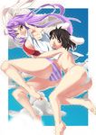  animal_ears ass bad_id bad_pixiv_id barefoot breasts bunny_ears feet finger_gun flat_chest foreshortening hands hug inaba_tewi layla_(suptomat) medium_breasts multiple_girls necktie no_pants open_clothes open_shirt panties red_neckwear reisen_udongein_inaba shirt small_breasts striped striped_panties topless touhou underboob underwear underwear_only 
