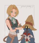  2boys absurdres aqua_eyes aqua_ribbon aqua_vest bare_shoulders belt belt_buckle black_mage_(final_fantasy) blonde_hair blue_coat blue_pants blue_wrist_cuffs brown_belt buckle cat_tail coat commentary_request cowboy_shot cropped_vest crossed_arms final_fantasy final_fantasy_ix frilled_shirt_collar frills gloves grey_background grey_gloves hair_ribbon hands_on_own_chest hat highres looking_at_viewer low_ponytail male_focus mimixxx339 multiple_boys neck_ribbon open_mouth pants parted_bangs police ponytail red_gloves ribbon shirt short_hair_with_long_locks signature sleeveless sleeveless_shirt smile striped_clothes striped_pants tail twitter_username vest vivi_ornitier white_shirt wizard_hat wrist_cuffs yellow_eyes zidane_tribal 