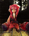  arms_behind_head bad_id bad_pixiv_id breasts brown_eyes dobu_hinako headphones helmet highres japanese_clothes kneeling long_hair medium_breasts nekomura_iroha no_bra open_clothes open_robe pink_hair robe solo speaker very_long_hair vocaloid window 