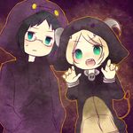  bell_(pokemon) black_hair blonde_hair blush cheren_(pokemon) costume frown glasses green_eyes halloween hand_in_pocket hood hoodie houndoom open_mouth pokemon pokemon_(game) pokemon_black_and_white pokemon_bw shanderaa sweat teeth 